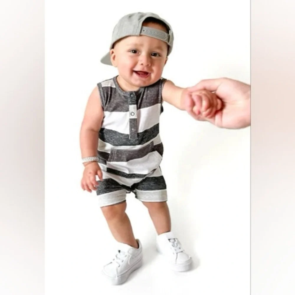 Little Bipsy Black Gray Washed Stripe Shorty Romper 18-24 Months